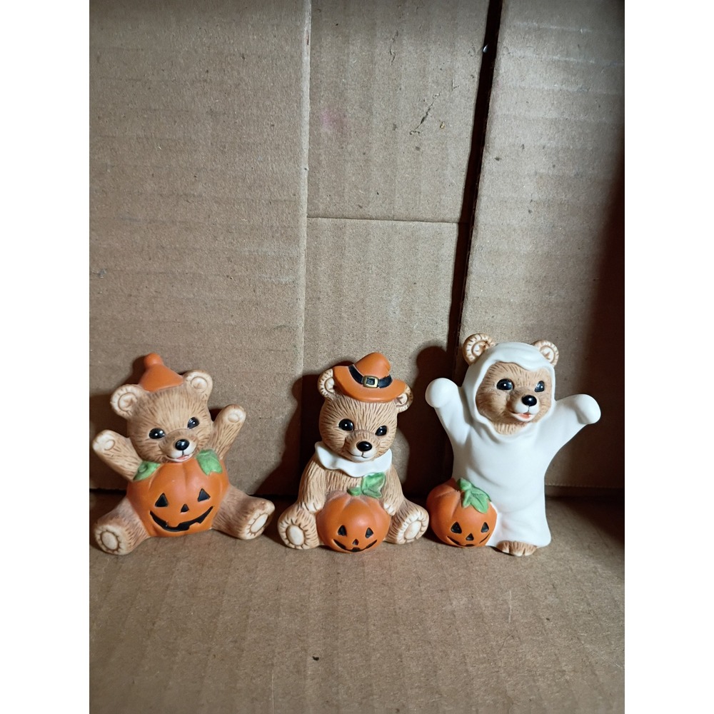 Vintage Homco Halloween Bear Figurines Set 3 Porcelain Pumpkin Ghost 5311